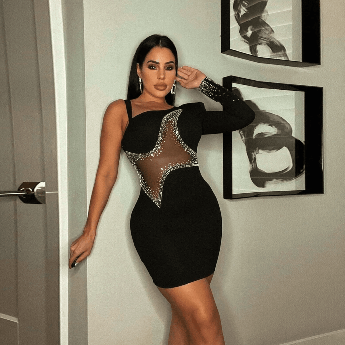 Black One Shoulder Rhinestone Sheer Mesh Cutout Bodycon Mini Dress