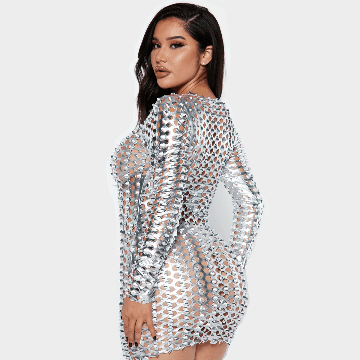 Silver Round Neck Metallic Laser Cut Hollow Long Sleeve Bodycon Mini Dress