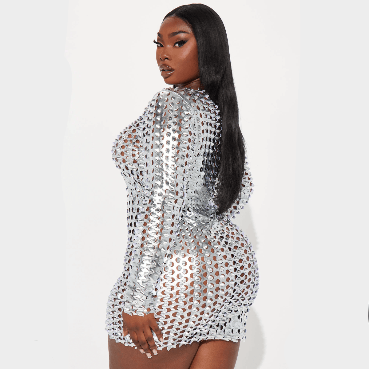 Silver Round Neck Metallic Laser Cut Hollow Long Sleeve Bodycon Mini Dress