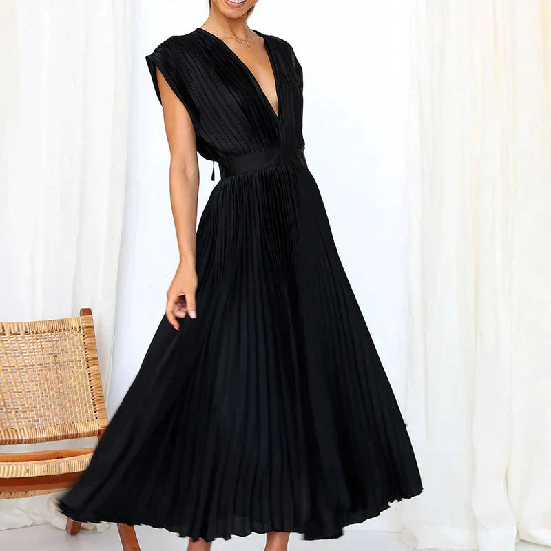 Delia Chic V Neck Maxi Dress with Pleats Designer Edit