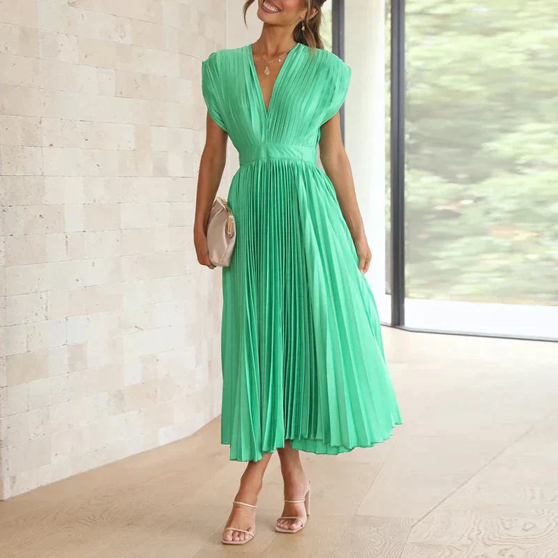 Delia Chic V Neck Maxi Dress with Pleats Designer Edit
