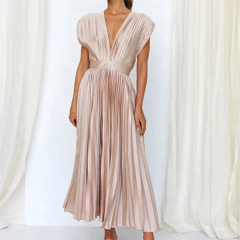 Delia Chic V Neck Maxi Dress with Pleats Designer Edit