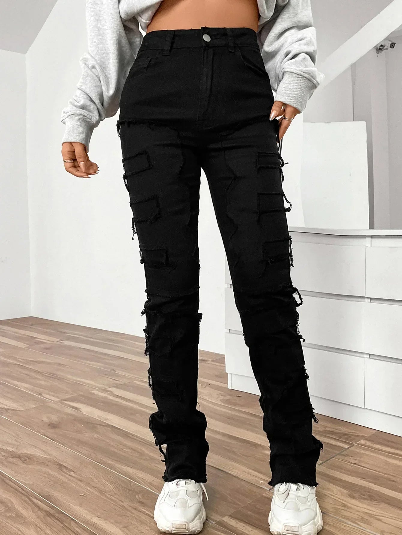 2024 New European And American Streetwise Stretch Patch For Women High Street Straight Fit Long