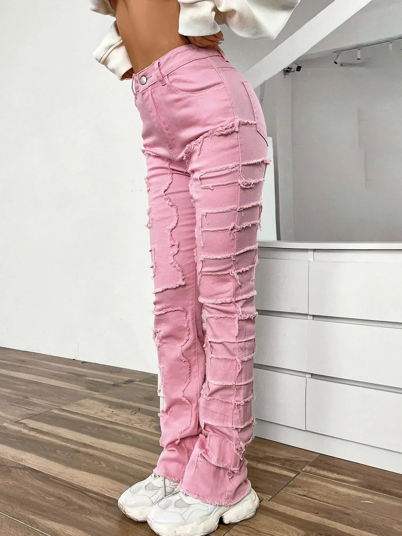 New European and American Streetwise Stretch Patch for Women High Street Straight Fit Long Women's Jean