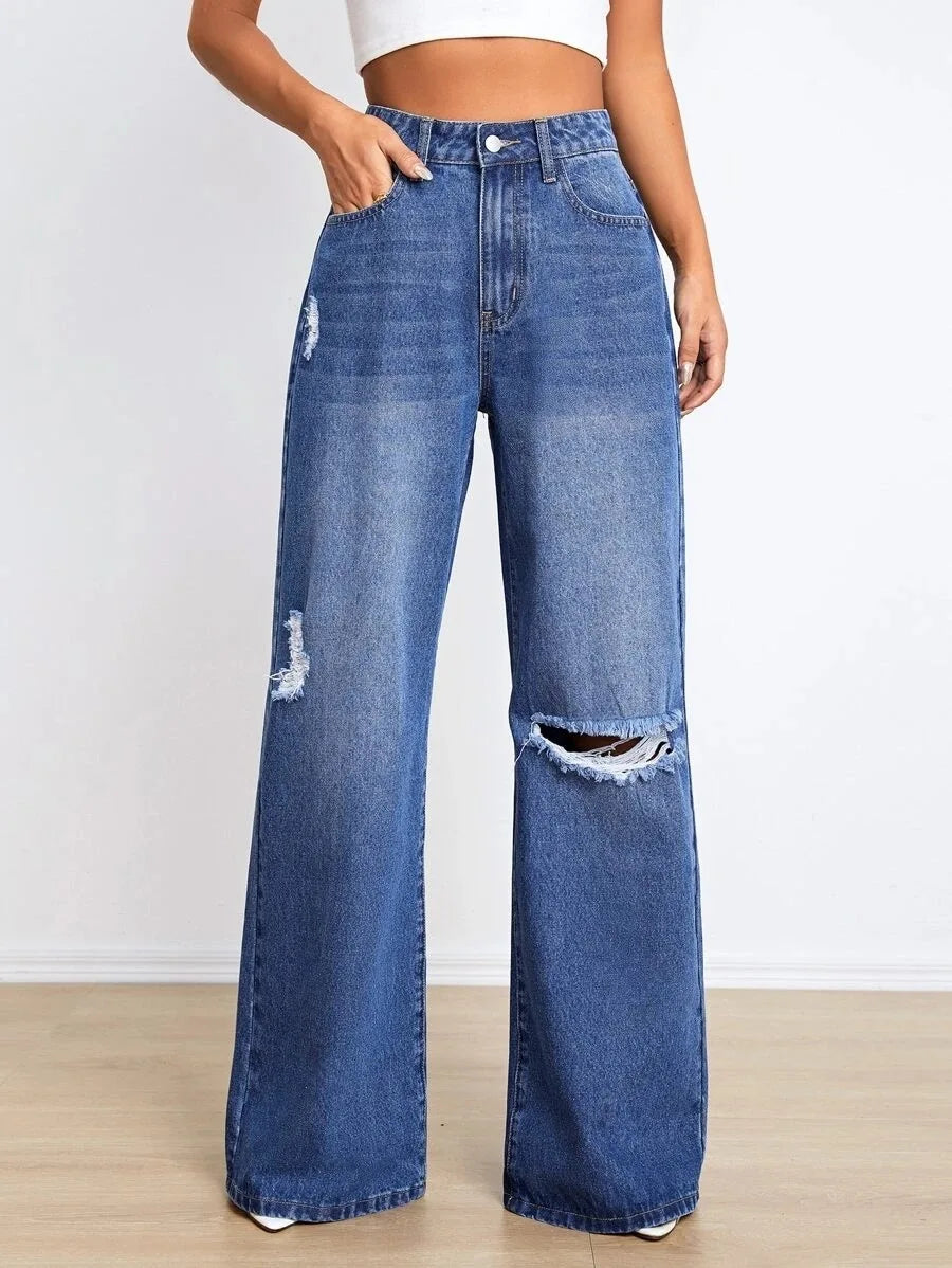 New Loose Ripped Fashion High Waist Wide Leg Casual Y2K Jean Blue / S
