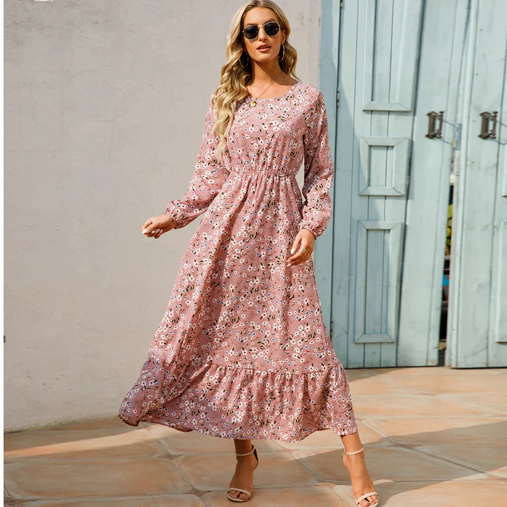 Sping Bohemian Women Maxi Casual Long Sleeve High Waist Chiffon Midi Dresses