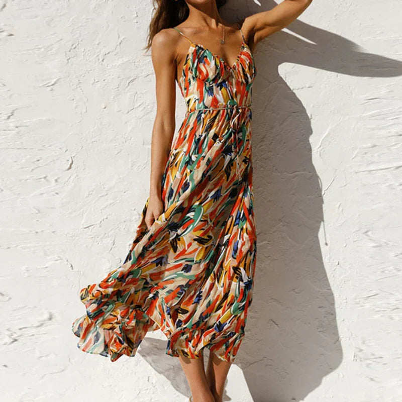 Summer Fashion Elegant VNeck Backless Sling Boho Dress