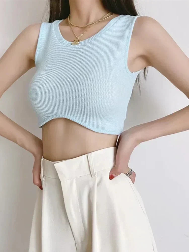 2024 Summer Arrival Women Causal Solid Color Knit O-Neck Streetwear Schoolwear Tank Top Blue / S