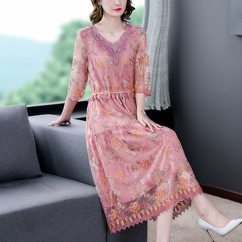 Loose Casual Embroidery Silk Floral V-Neck Midi Dress