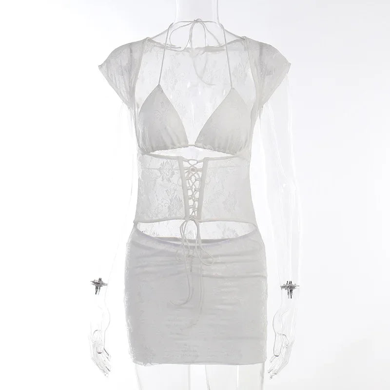 2024 Summer Hollow Out Halter Bandage Lace Dress