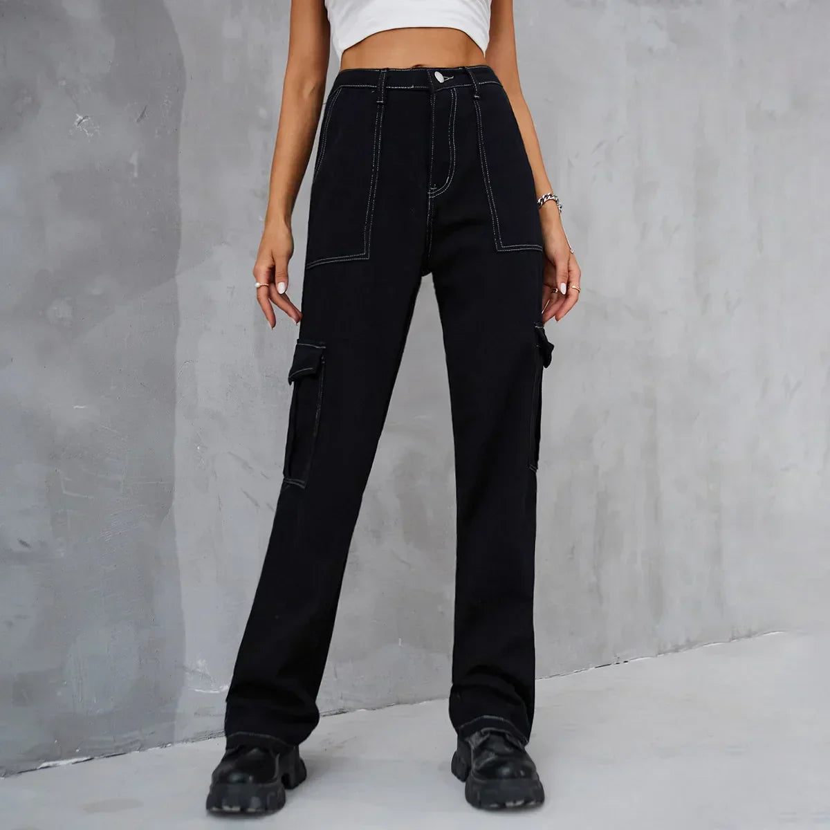 Vintage Baggy Wide Leg Streetwear Straight Denim Pockets Cargo Jean