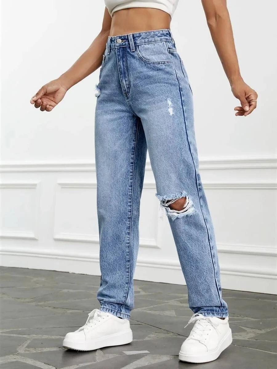 Women Casual Fashion High Streetwear Ripped Holes Denim Pants Female Vintage Trousers Jean
