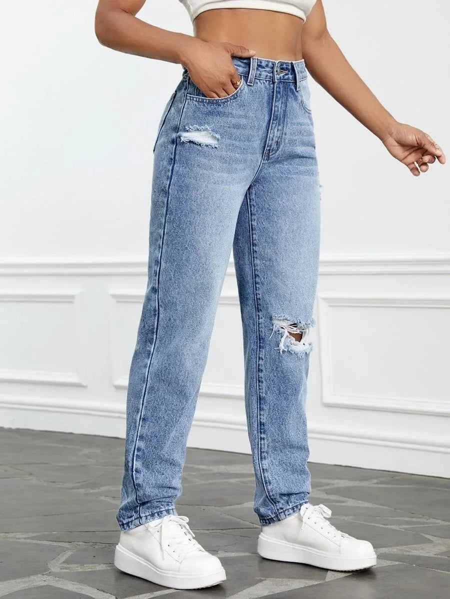 Women Casual Fashion High Streetwear Ripped Holes Denim Pants Female Vintage Trousers Jean