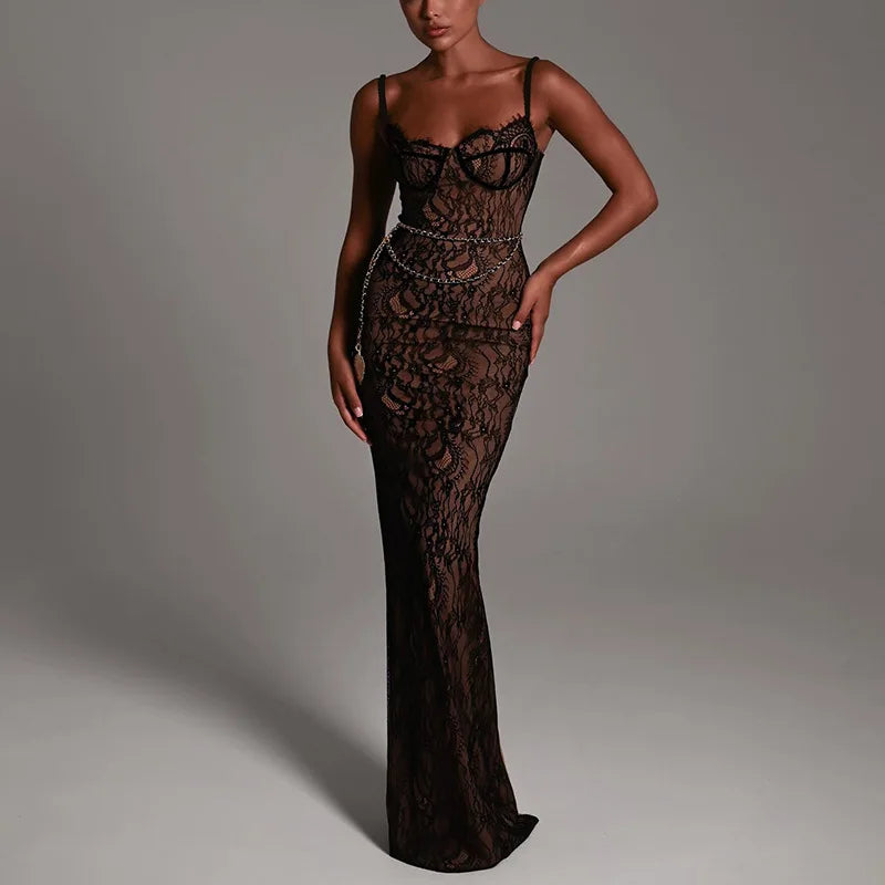 New Spring Lace Stitching Backless Slit Elegant Maxi Dress