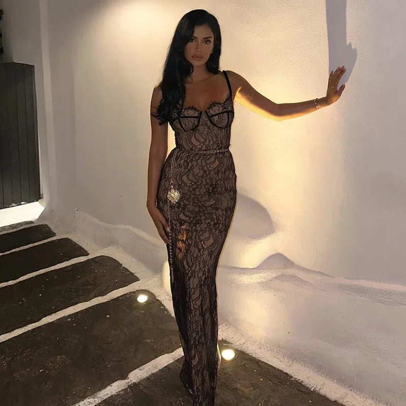 New Spring Lace Stitching Backless Slit Elegant Maxi Dress
