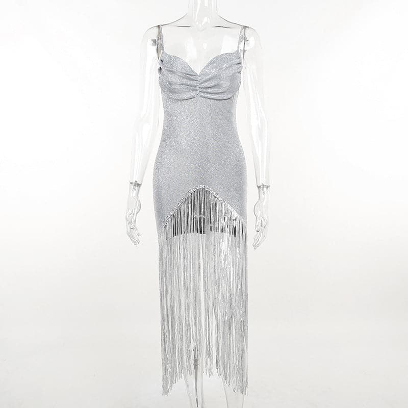 Solid ruched textured glitter tassels backless mini dress