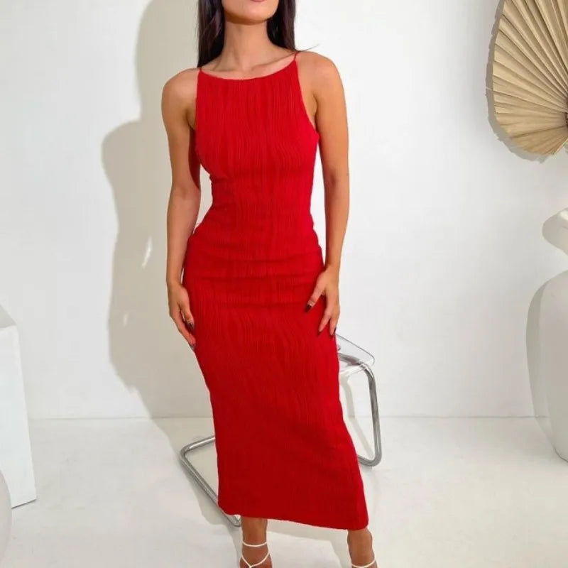 2024 Women Long Ruched Sleeveless Slim Solid Summer Party Back Split Clubwear Female Maxi Dress Red