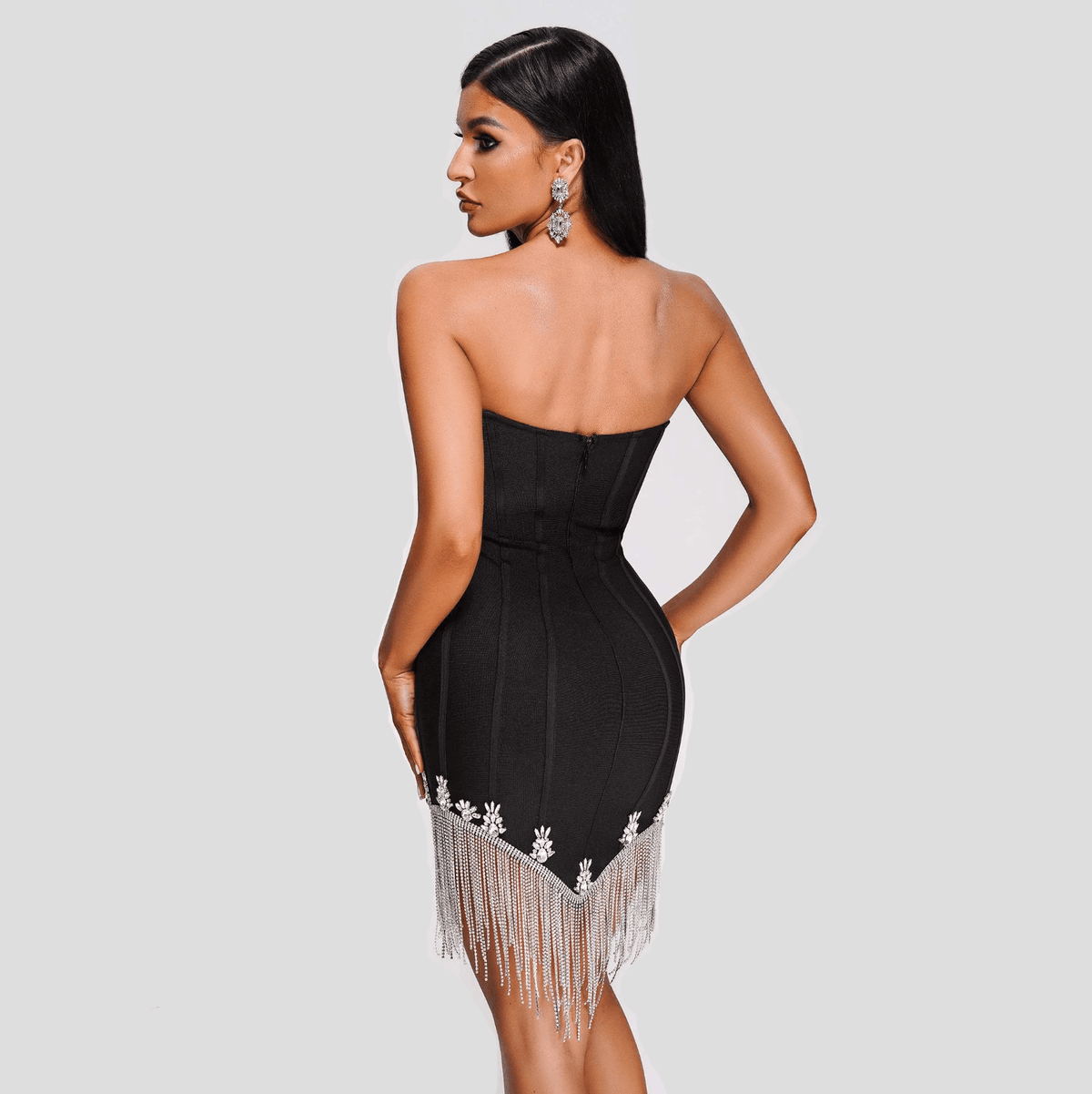 Strapless Draped Corset Crystal Fringe Hem Bodycon Mini Dress 15
