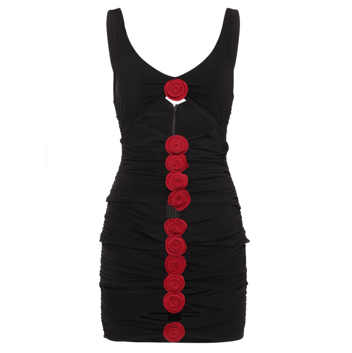Black Asymmetric Rose Applique Cutout Ruched Bodycon Mini Dress
