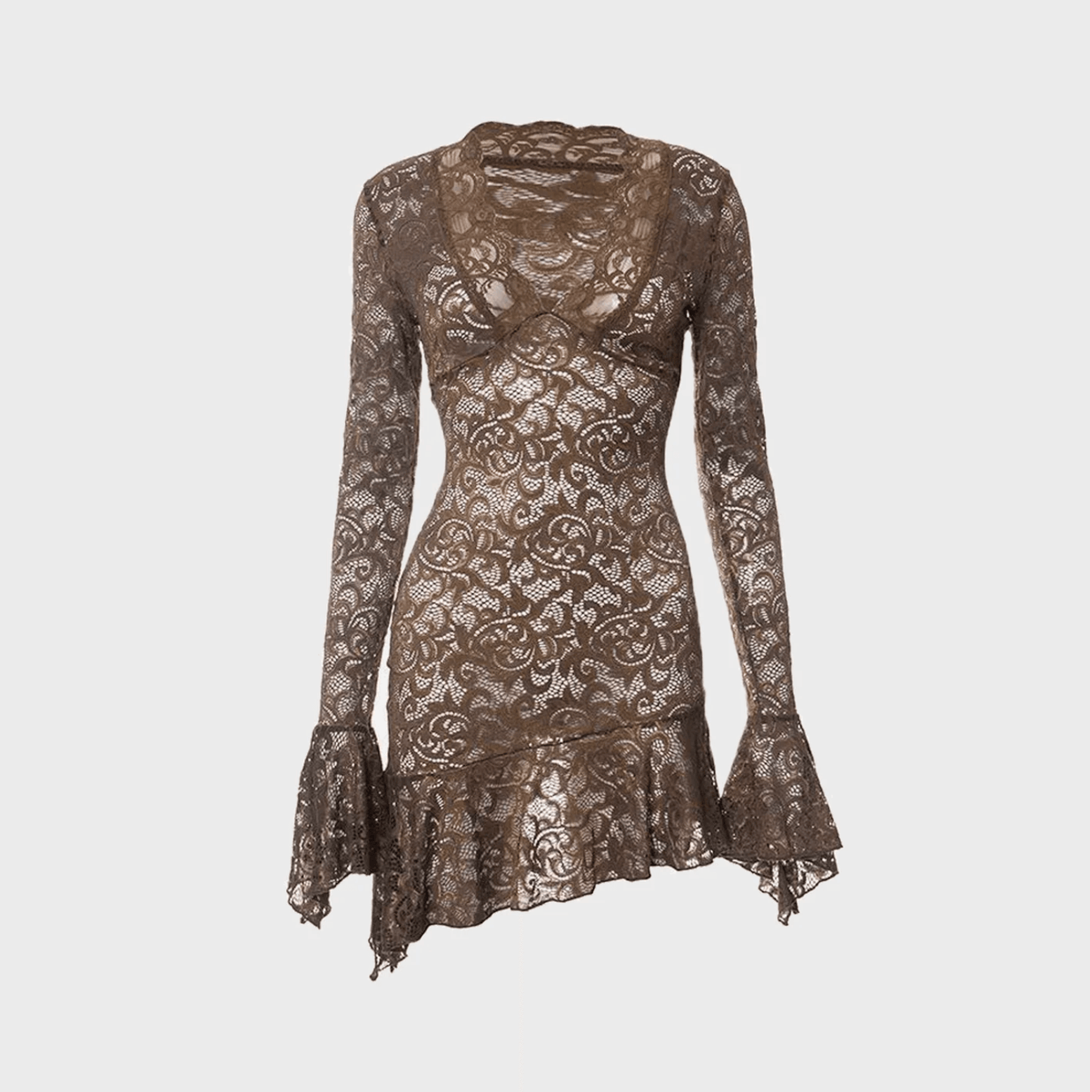 Plunge V-Neck Floral Lace Flare Sleeve Ruched Bodycon Mini Dress 9