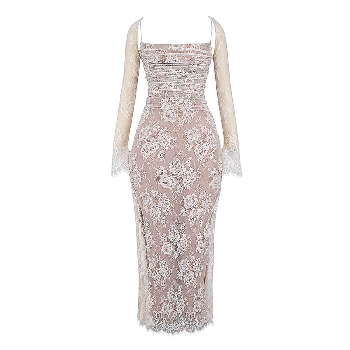 White Spaghetti Strap Lace Off-Shoulder Long Sleeve Ruched Bodycon Maxi Dress 15