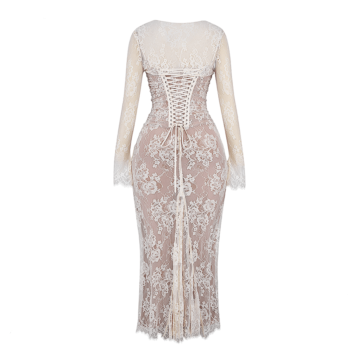 White Spaghetti Strap Lace Off-Shoulder Long Sleeve Ruched Bodycon Maxi Dress 16