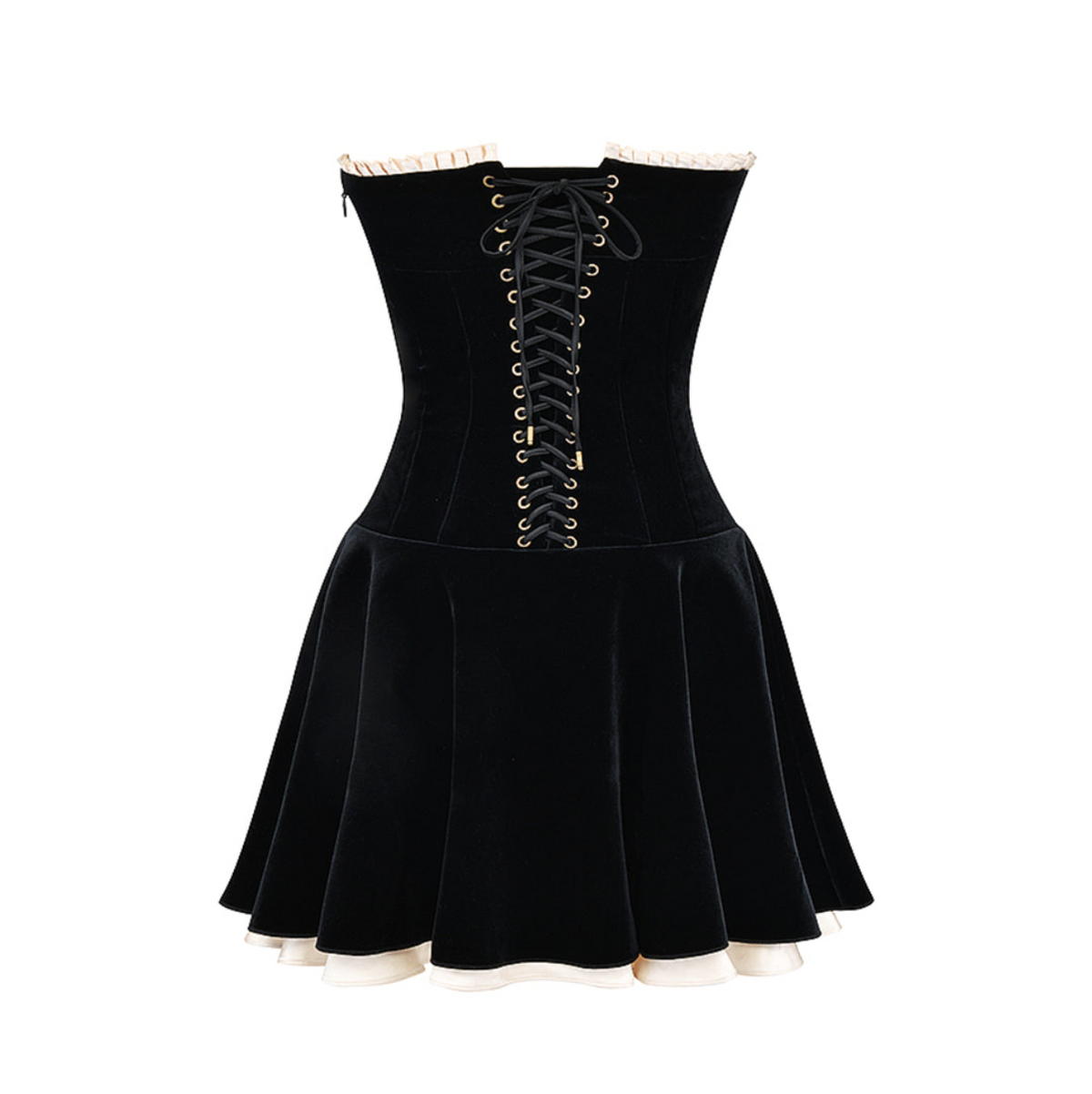 Black Strapless Contrast Trim Velvet Flared Skater Mini Dress
