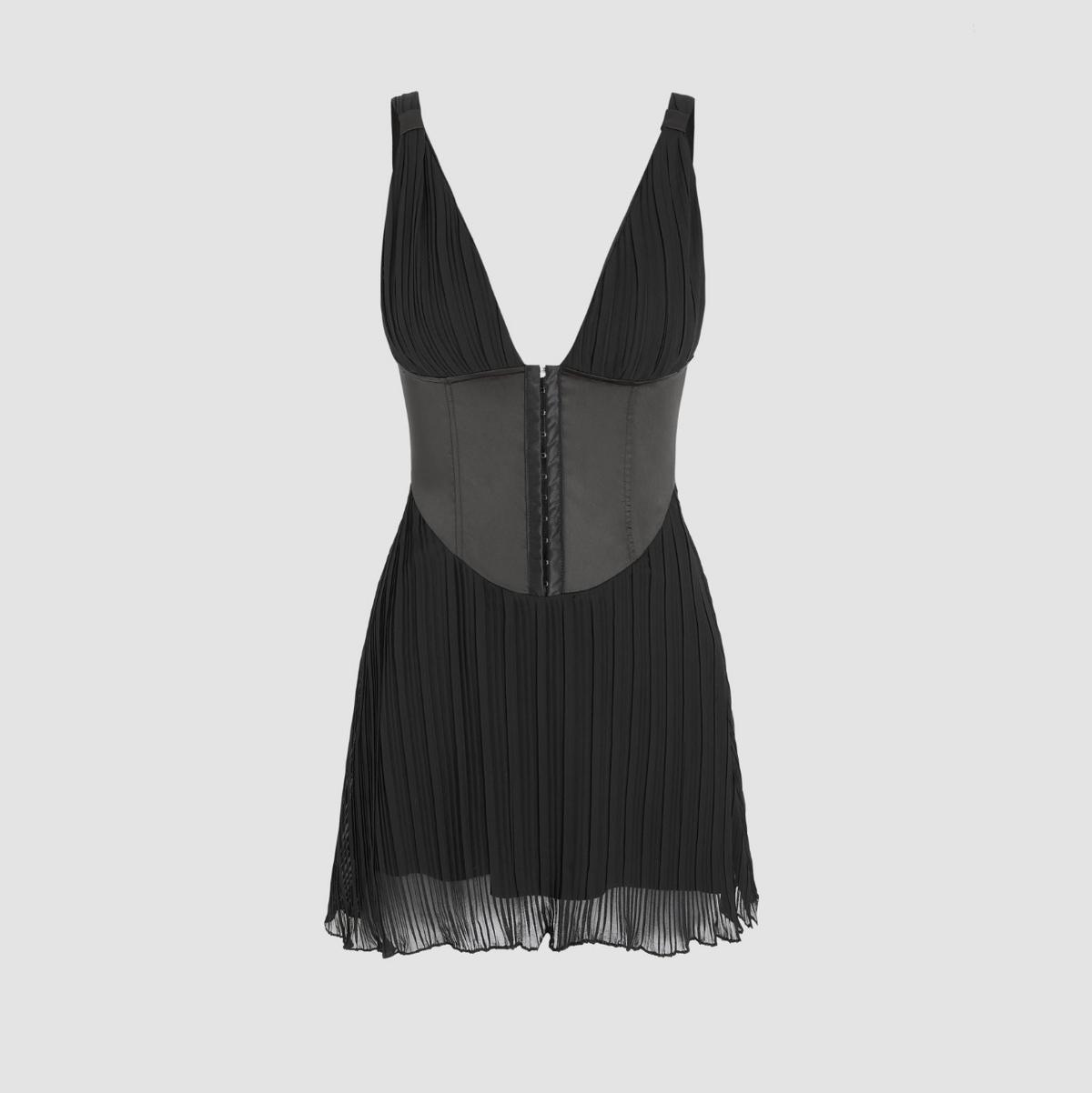 Black V-Neck Corset Bustier Pleated Flared A-Line Mini Dress 3