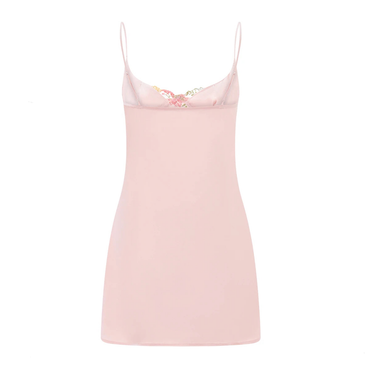 Pink Spaghetti Strap Floral Embroidery Mesh Satin Slip Mini Dress