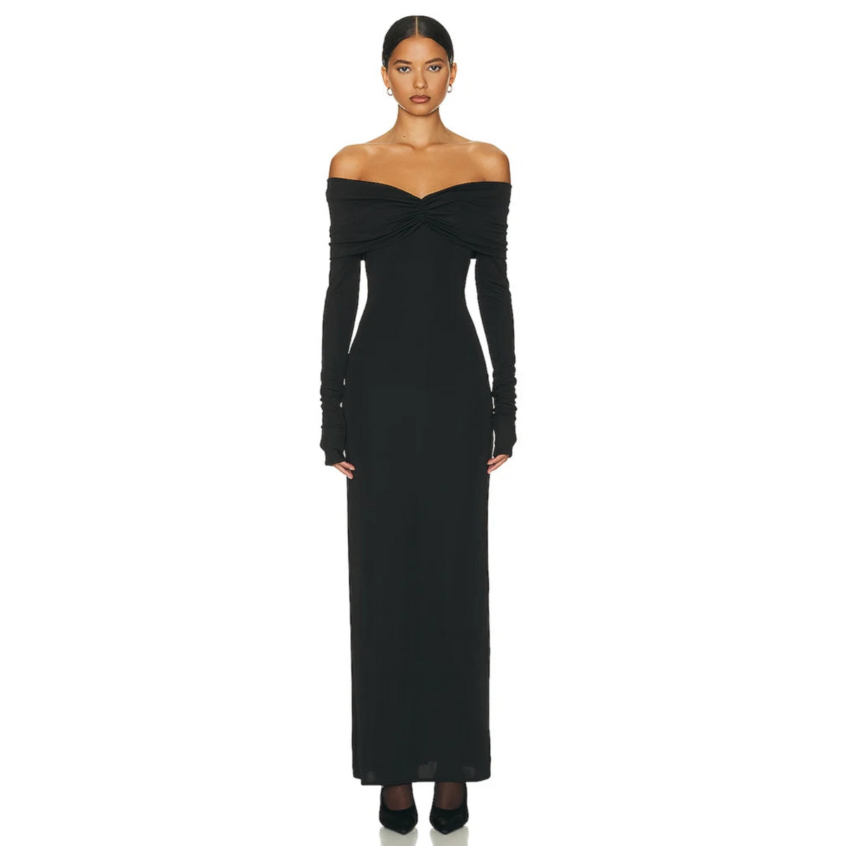 Off-Shoulder Twist Front Long Sleeve Ruched Bodycon Maxi Dress 10