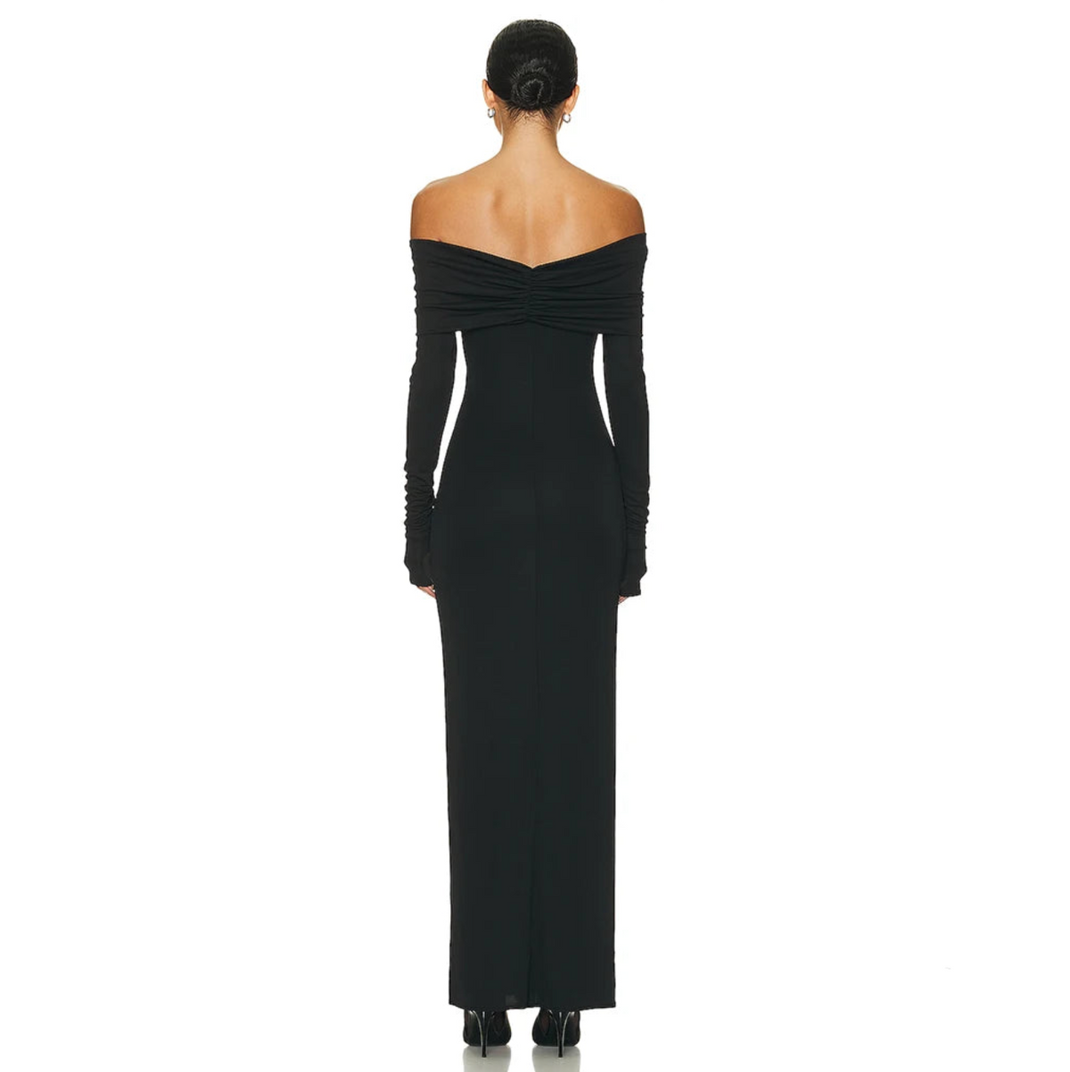 Off-Shoulder Twist Front Long Sleeve Ruched Bodycon Maxi Dress 11