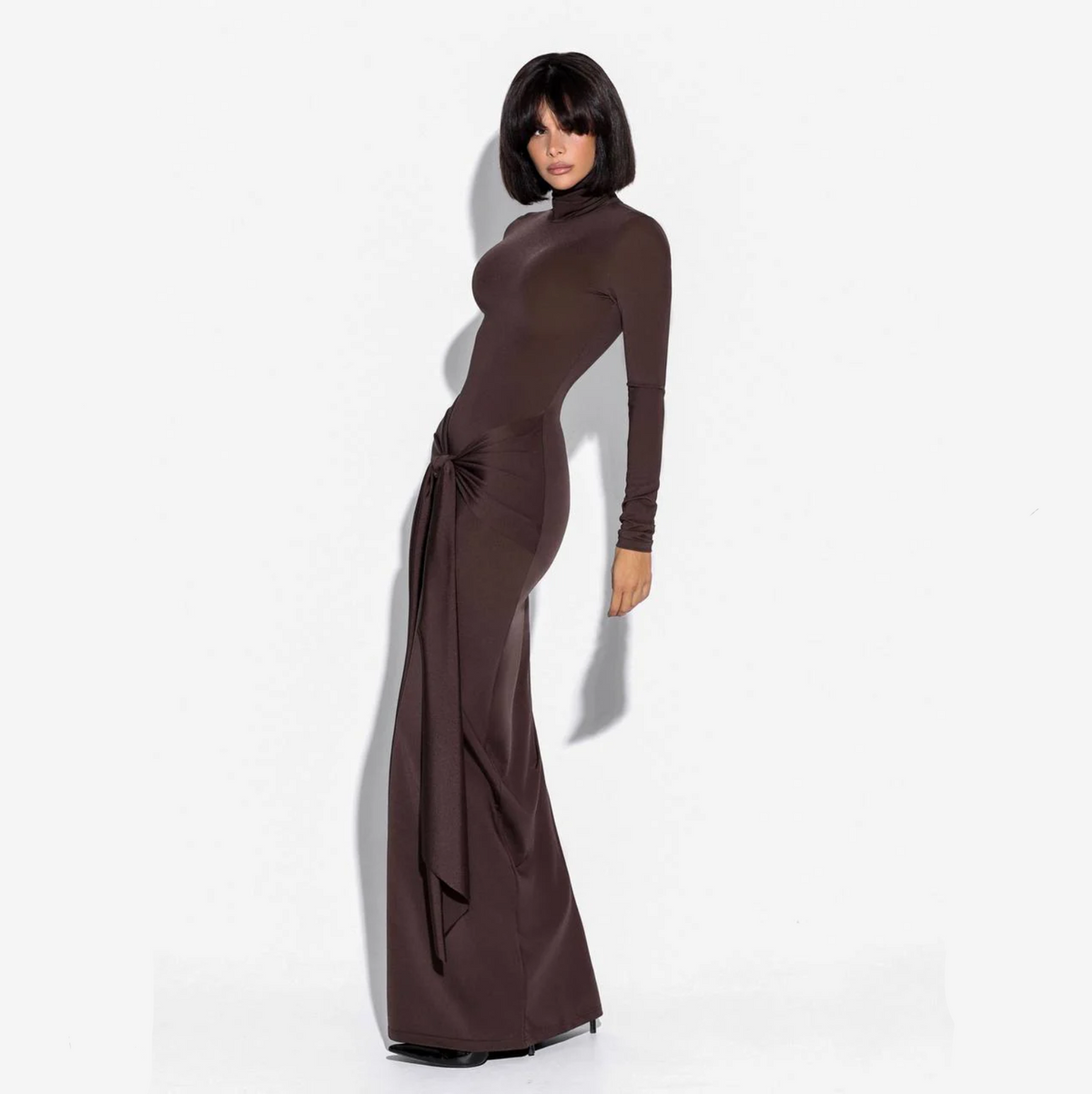 Turtleneck Long Sleeve Slinky Knot Front Bodycon Maxi Dress