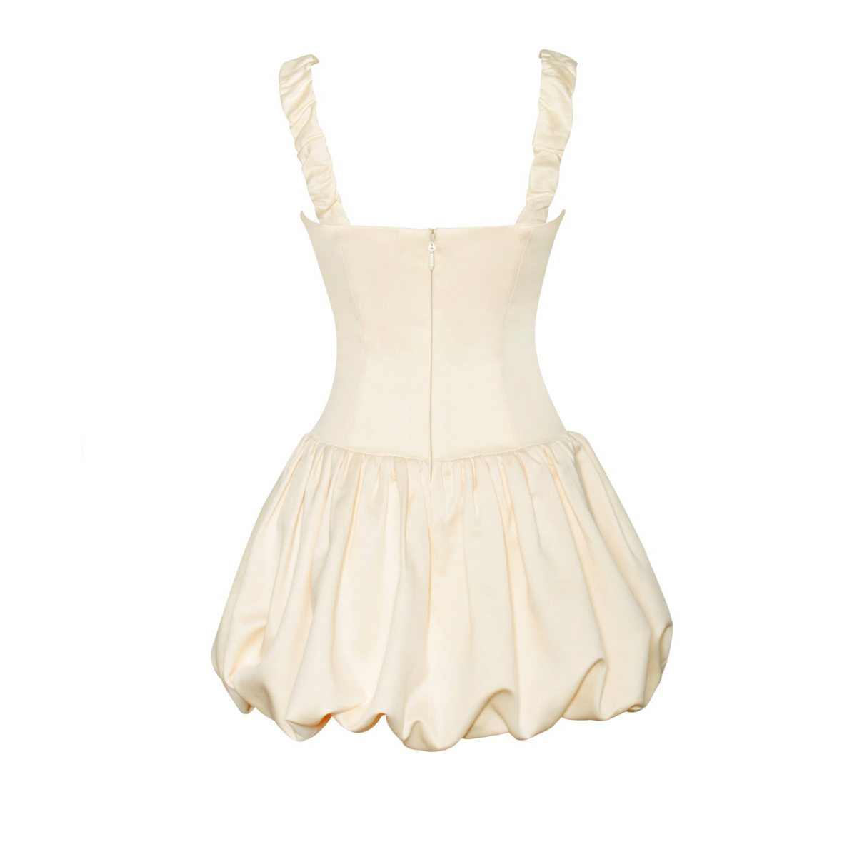 Square Neck Ruched Strap Corset Satin Bubble Hem Mini Dress