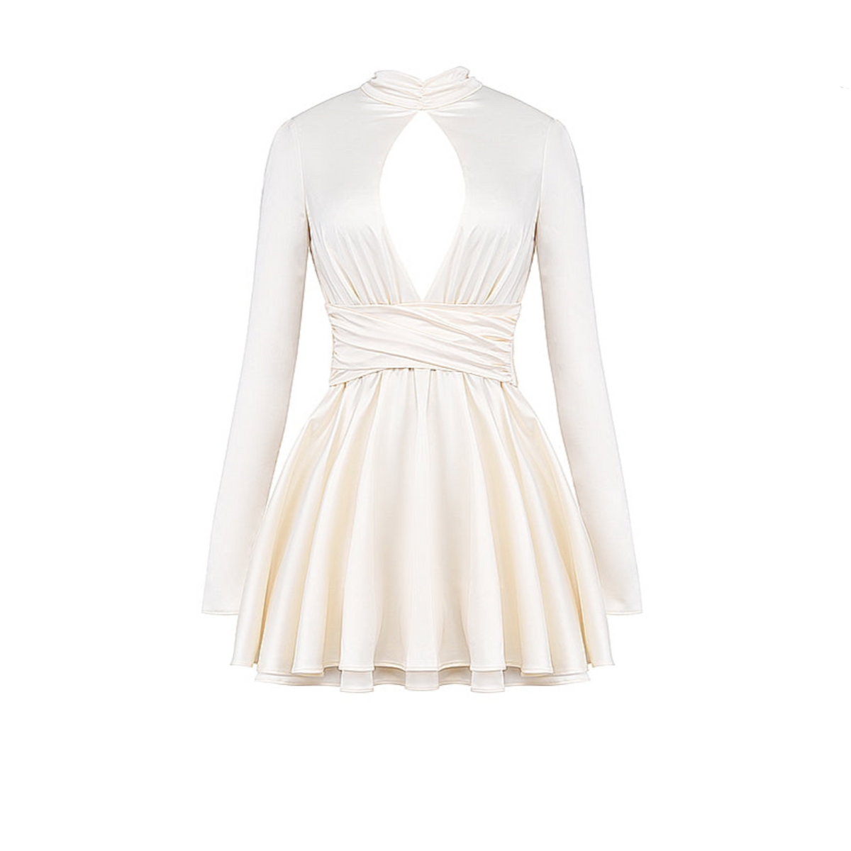 Ivory High Neck Keyhole Cutout Long Sleeve Satin Flared Mini Dress 11