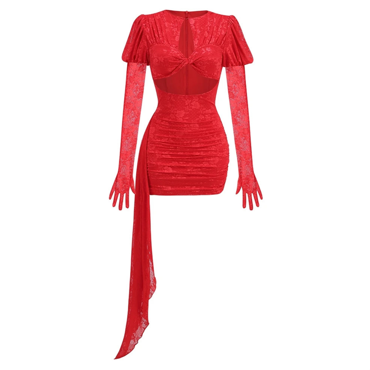 High Neck Floral Mesh Twist Front Cutout Glove Bodycon Mini Dress 13