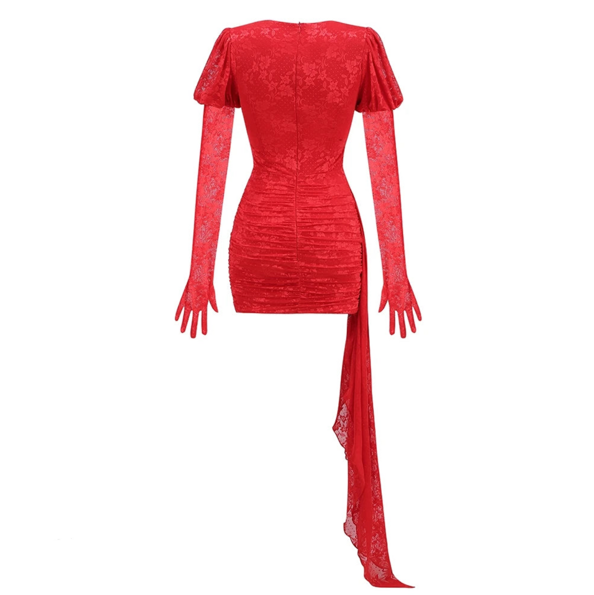 High Neck Floral Mesh Twist Front Cutout Glove Bodycon Mini Dress 14