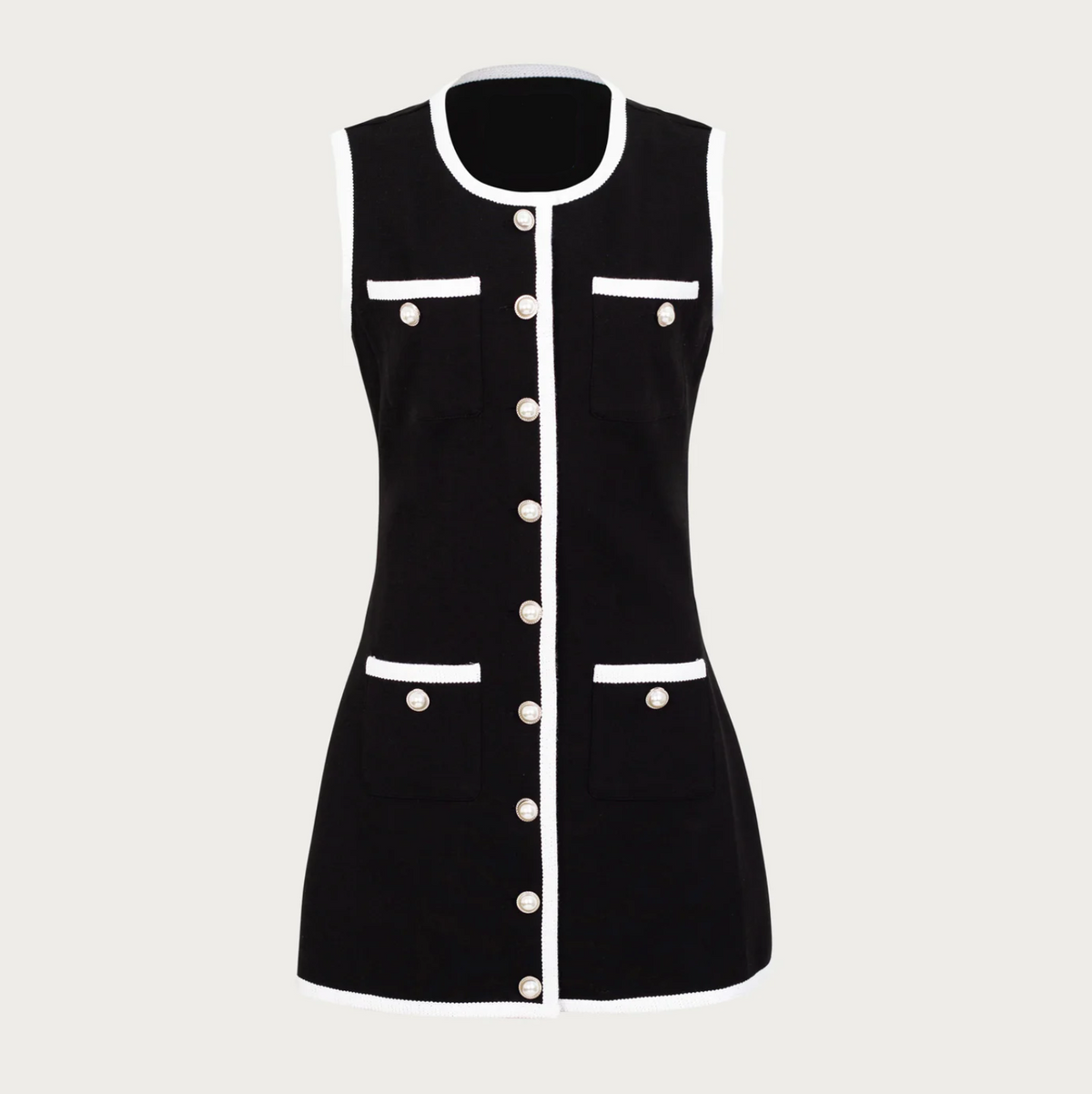 Black Round Neck Sleeveless Contrast Trim Pearl Button Knit Mini Dress 12