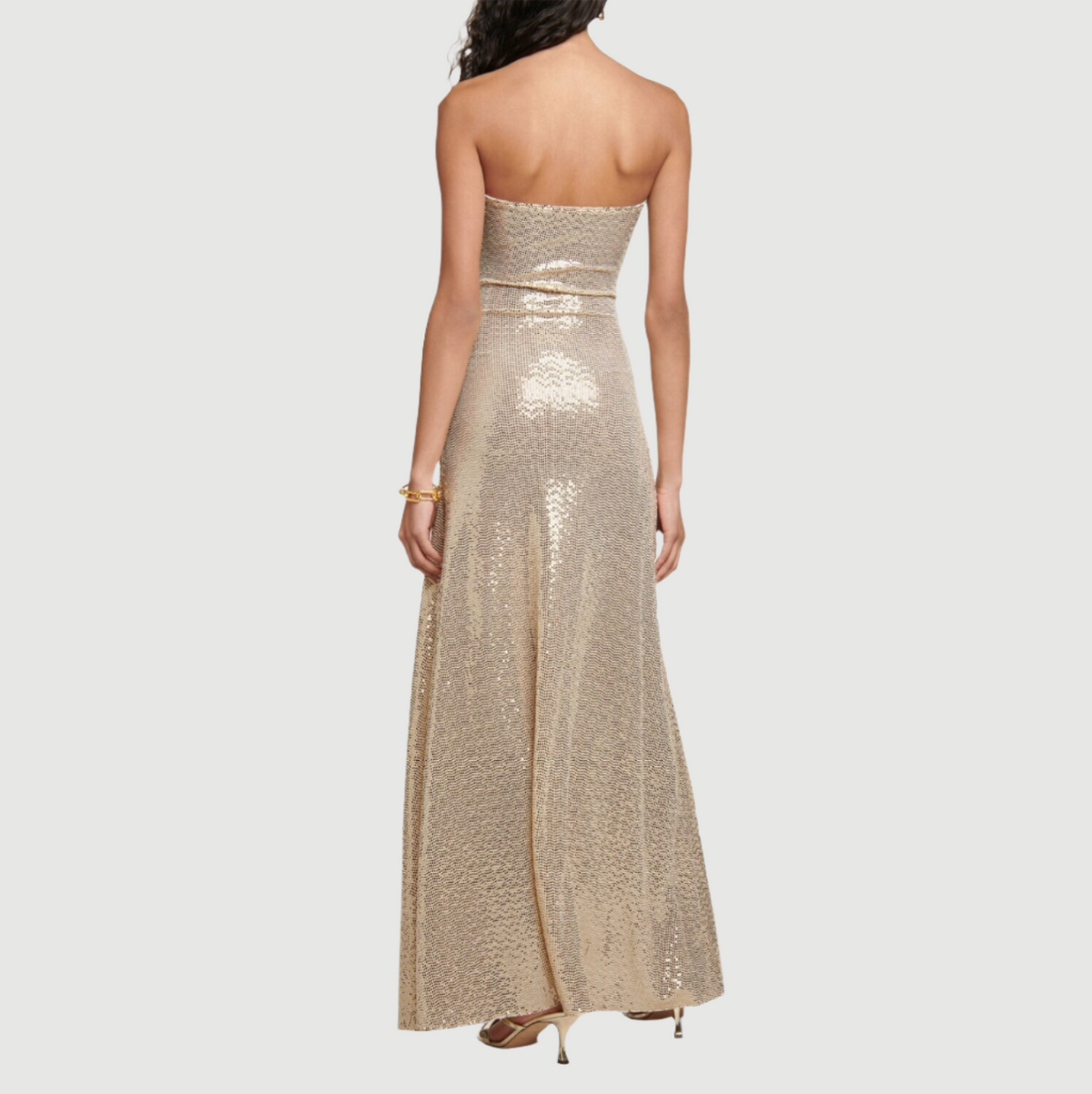 Gold Strapless Rhinestone Button Cutout Ruched Bodycon Maxi Dress