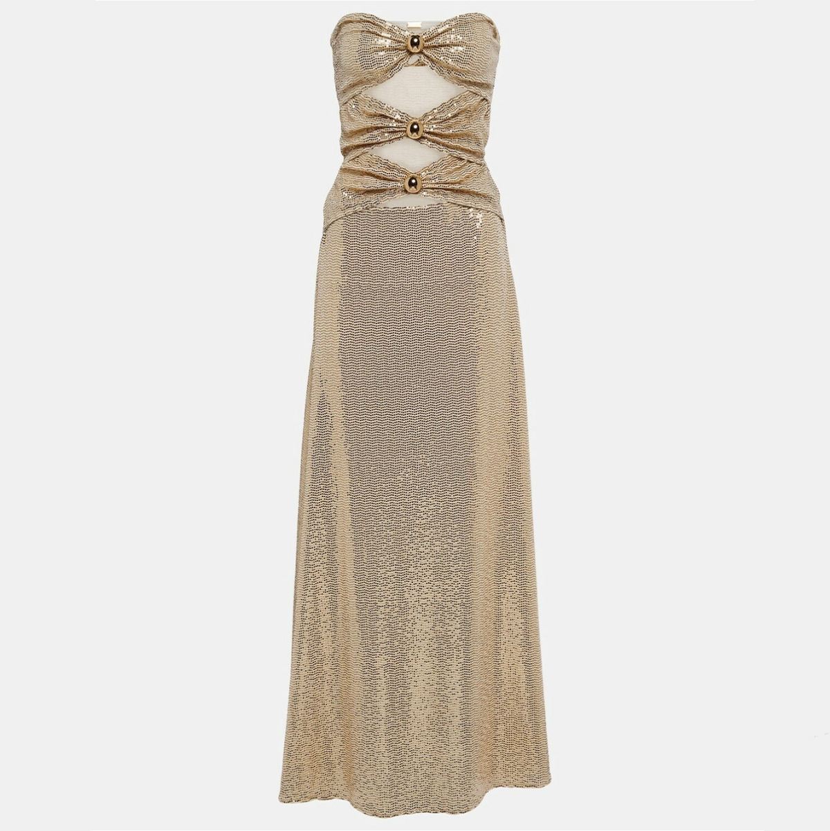 Gold Strapless Rhinestone Button Cutout Ruched Bodycon Maxi Dress