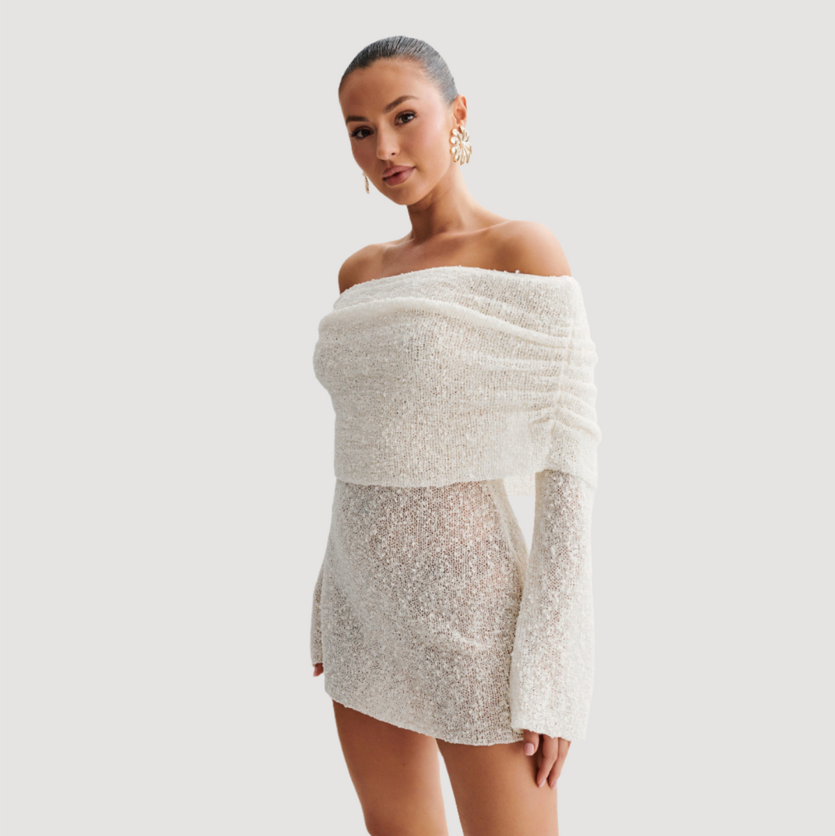 Off-Shoulder Foldover Textured Knit Long Sleeve Bodycon Mini Dress