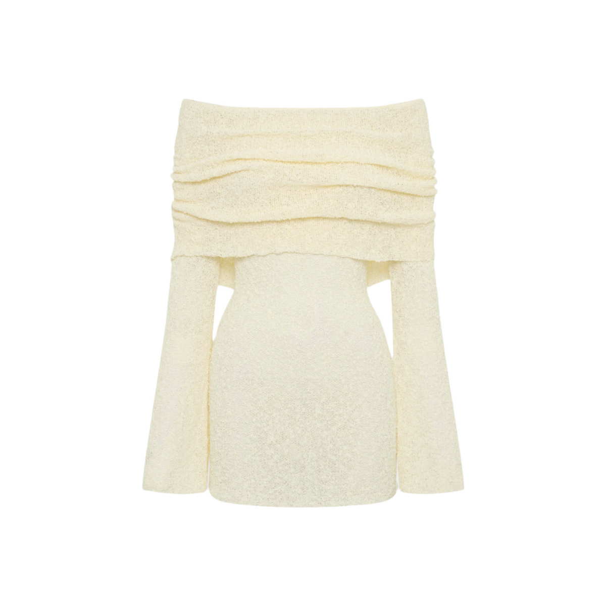 Off-Shoulder Foldover Textured Knit Long Sleeve Bodycon Mini Dress