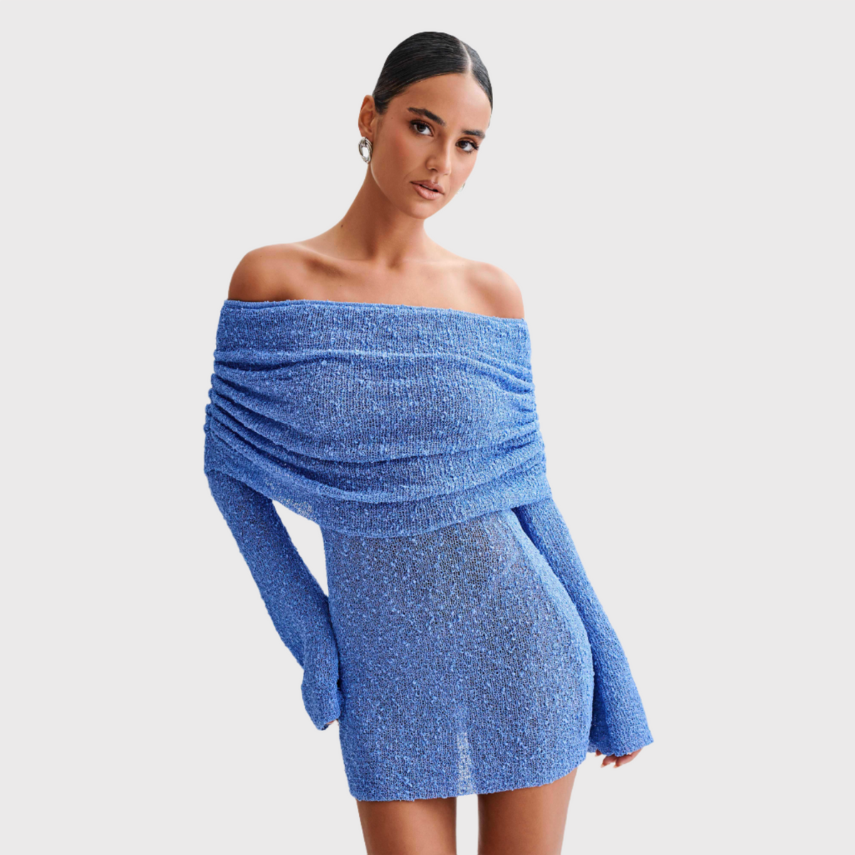 Off-Shoulder Foldover Textured Knit Long Sleeve Bodycon Mini Dress