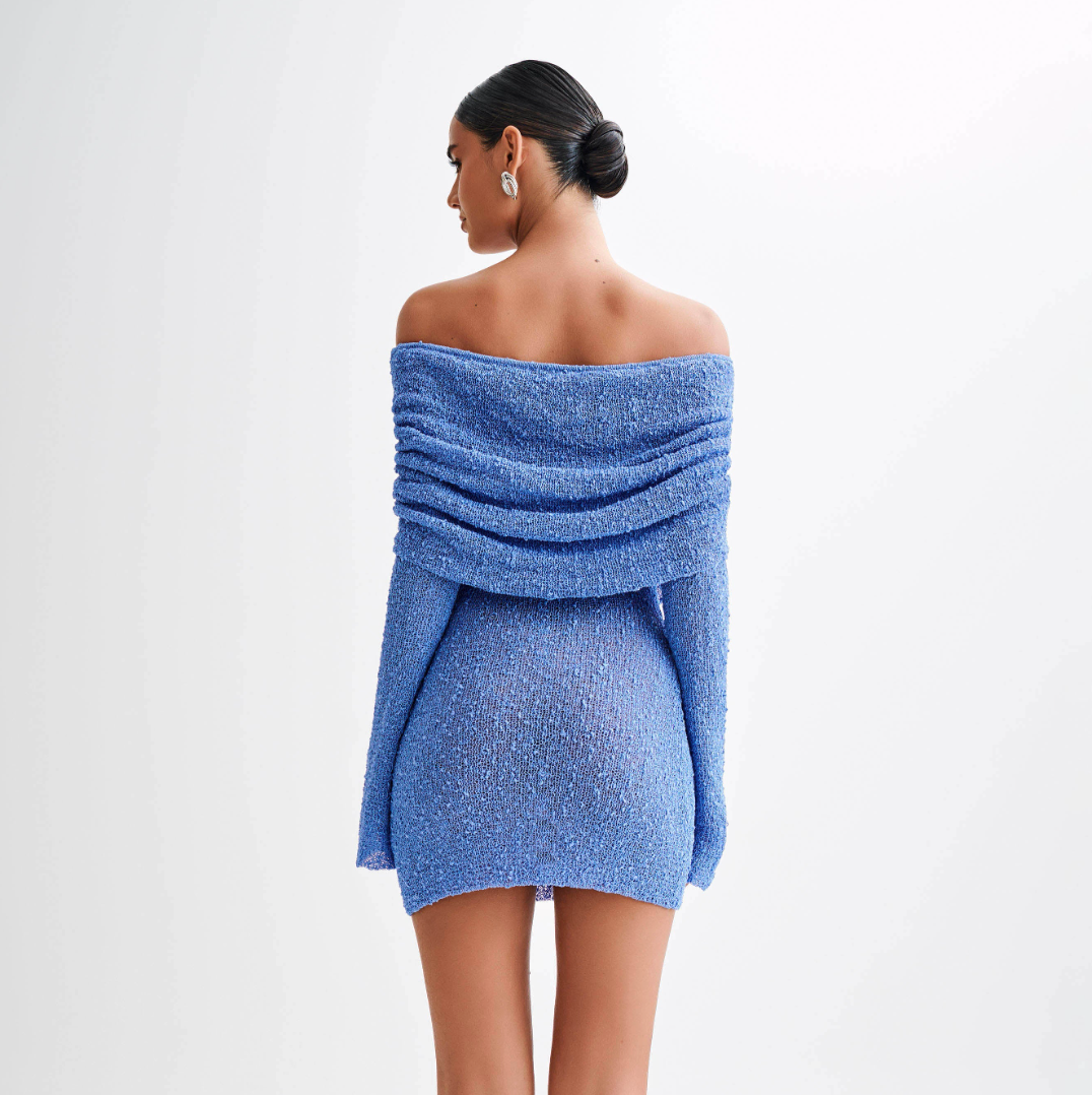 Off-Shoulder Foldover Textured Knit Long Sleeve Bodycon Mini Dress