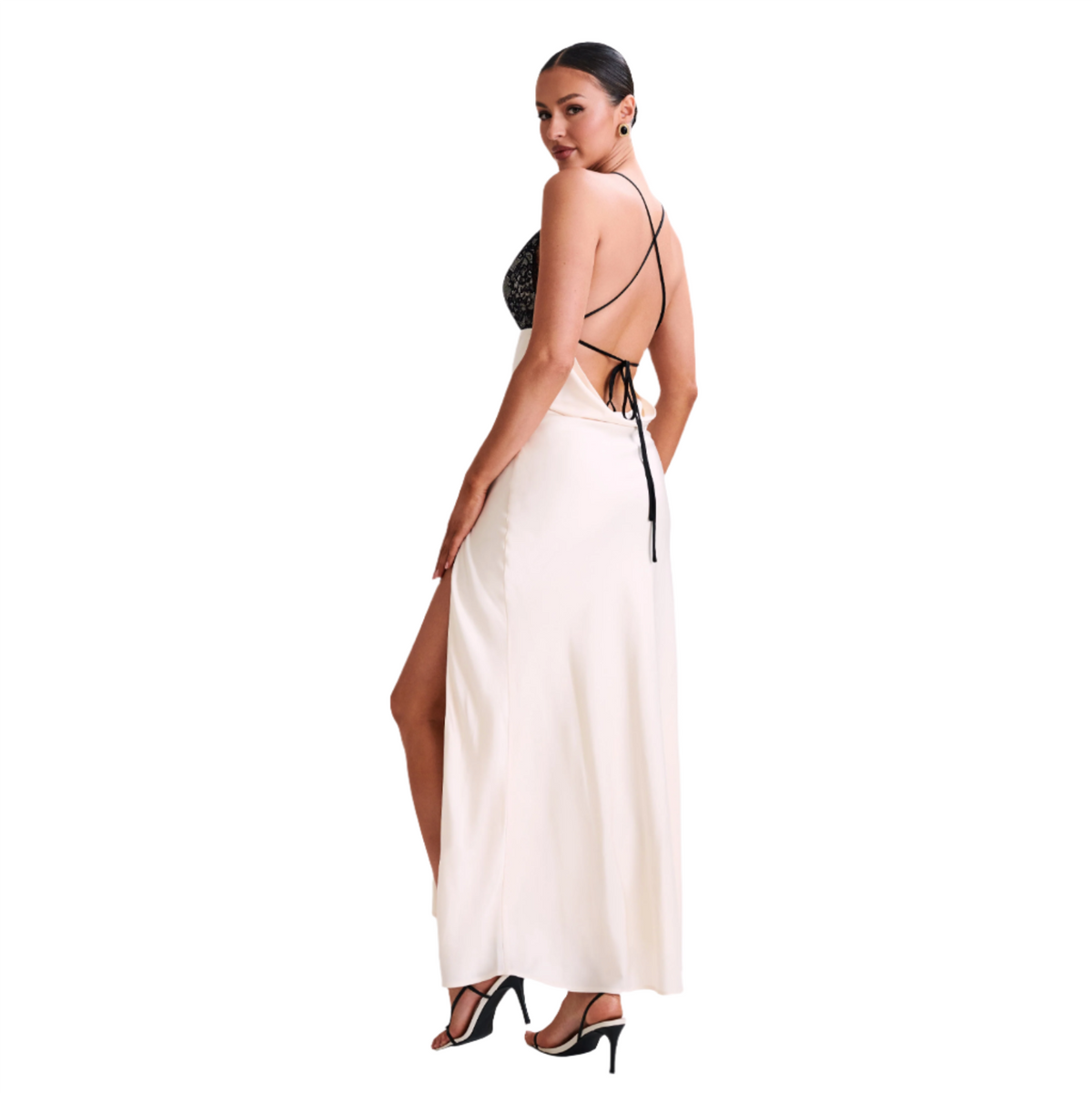 Ivory Spaghetti Strap Plunge Lace Satin Slip Side Slit Maxi Dress 8