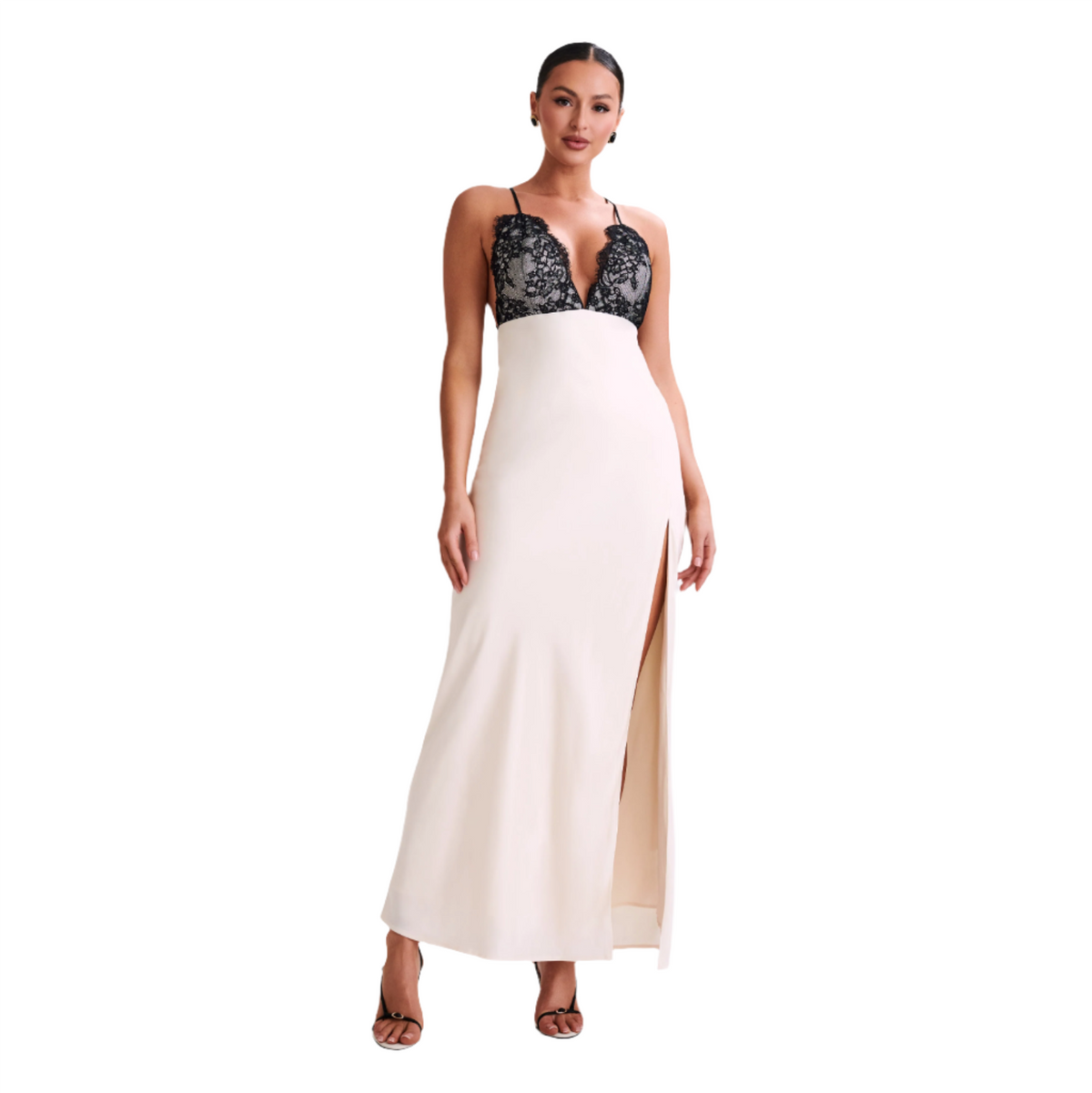 Ivory Spaghetti Strap Plunge Lace Satin Slip Side Slit Maxi Dress 6