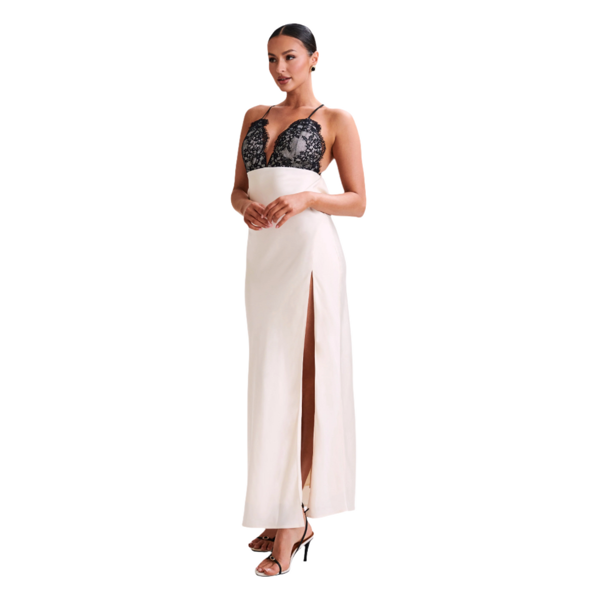 Ivory Spaghetti Strap Plunge Lace Satin Slip Side Slit Maxi Dress 7