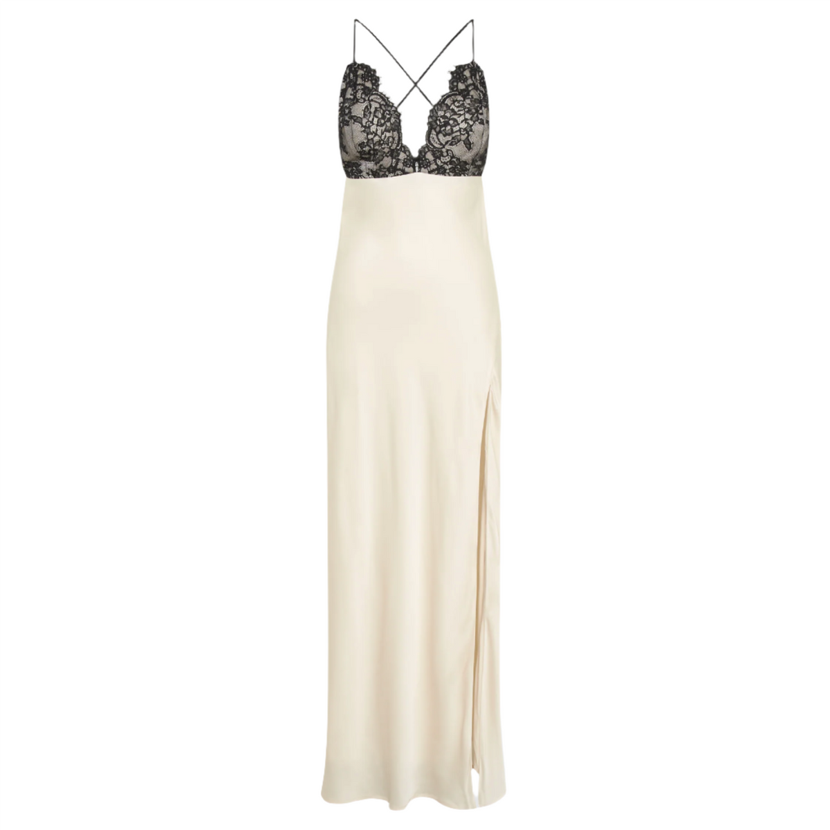 Ivory Spaghetti Strap Plunge Lace Satin Slip Side Slit Maxi Dress 10