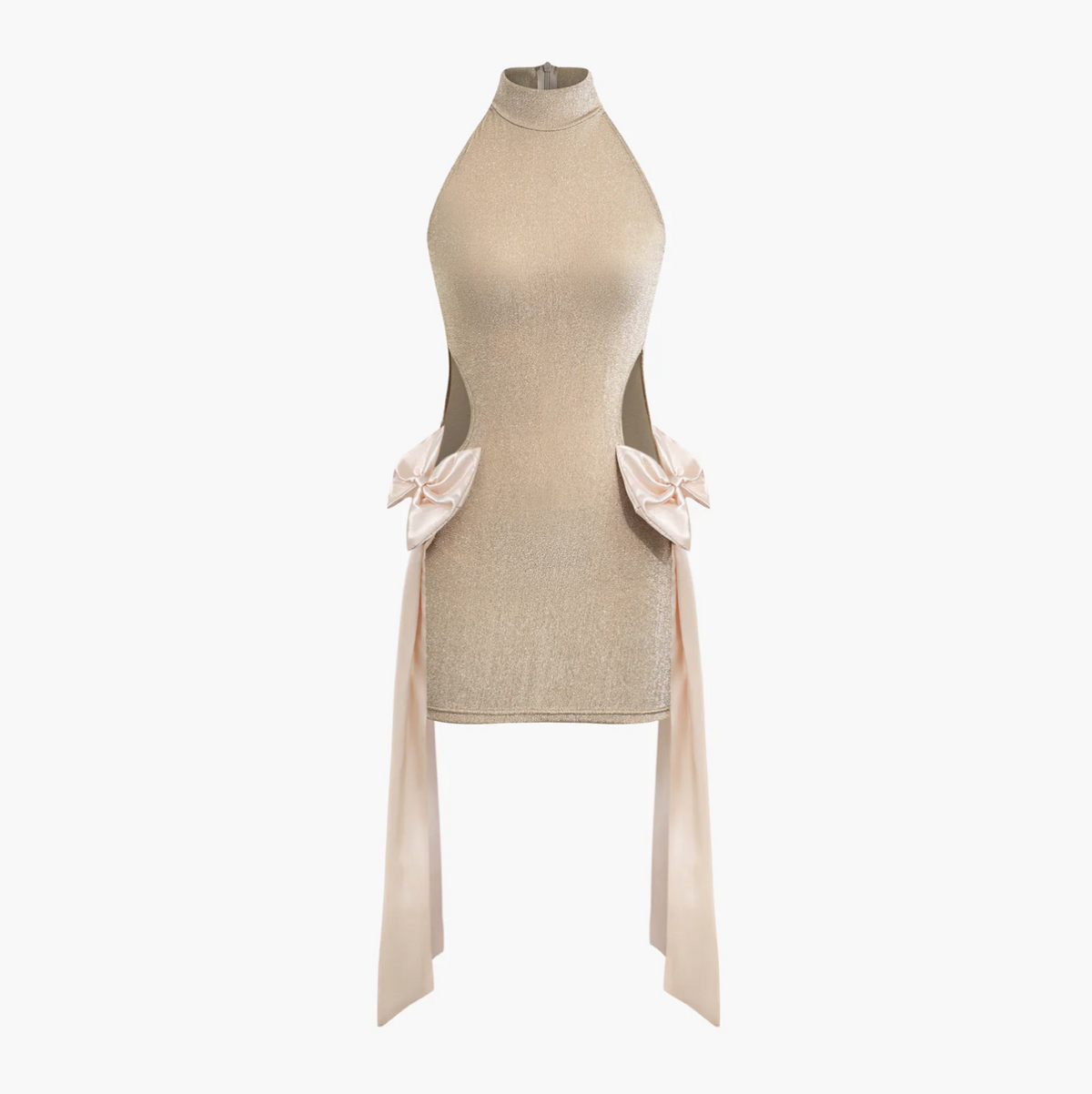 Beige Halter Neck Rhinestone Cutout Bow Back Bodycon Mini Dress 5