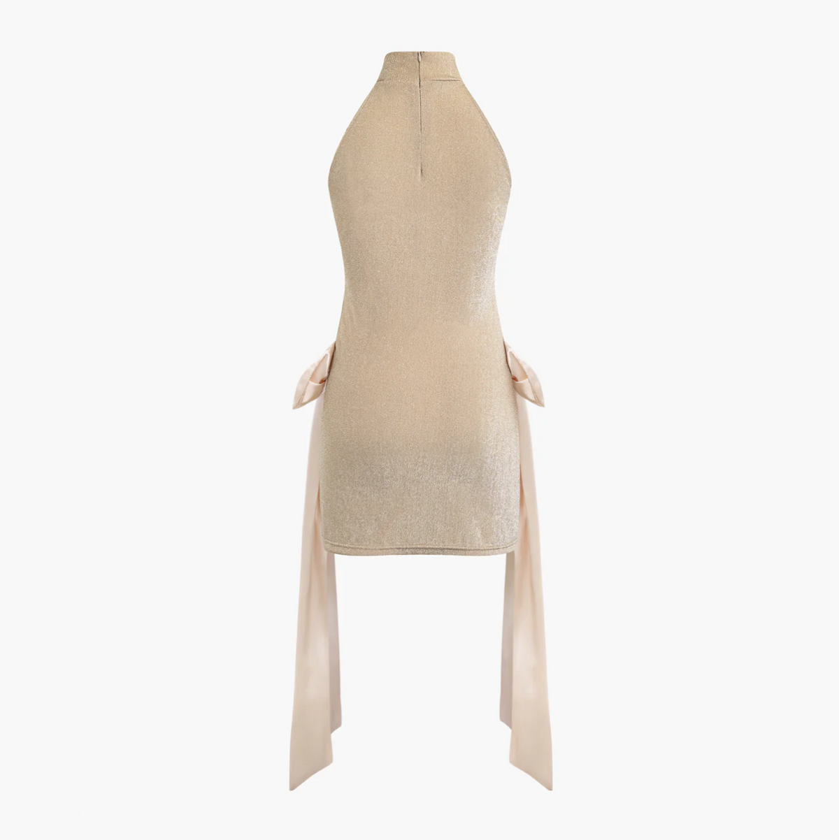 Beige Halter Neck Rhinestone Cutout Bow Back Bodycon Mini Dress 6