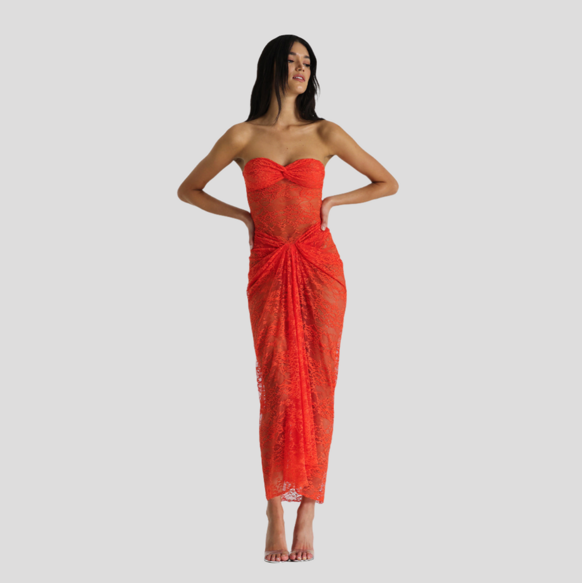 Strapless Sweetheart Sheer Lace Bodycon Maxi Dress